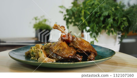 Appetizing Duck Meal Close Up. Art Food, Gourmet Meal 132107160