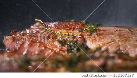 Cooked Beef Meat Looks Very Tasty Close Up About Food Art. Macro steak details. Cooked Beef Meat Looks Very Tasty Close Up About Food Art. Macro steak details. 132107187