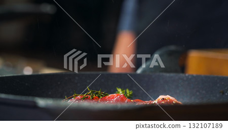 Cooking Beef Meat Roasted at Kitchen, Close Up 132107189