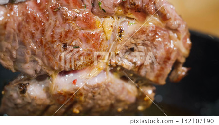 Cooked Beef Meat Looks Very Tasty Close Up Macro steak details. 132107190