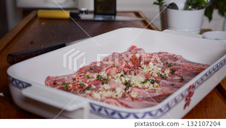 Lamb Meat Seasoned With Spices, Garlic, Herbs before Cooking. Juicy Raw Lamb Lamb Meat Seasoned With Spices, Garlic, Herbs before Cooking. Juicy Raw Lamb 132107204