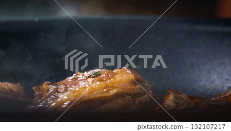 Close Up Tasty Lamb Meat Frying. Appetizing Meat Dish. 132107217