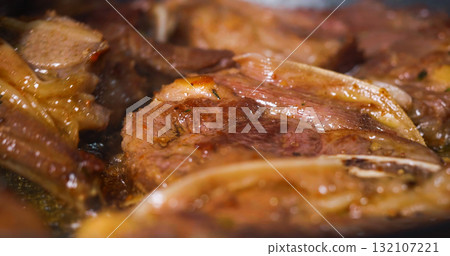 Close Up Tasty Meat Frying. Appetizing Lamb Dish. Close Up Tasty Meat Frying. Appetizing Lamb Dish. 132107221
