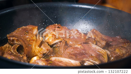 Close Up Tasty Meat Frying. Appetizing Lamb Dish. 132107222