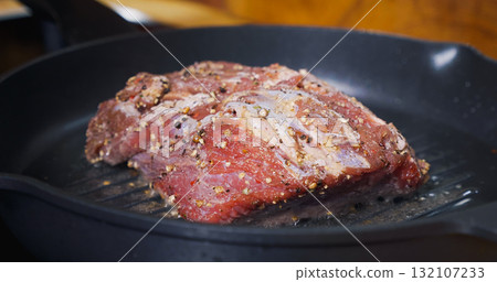Delicious Juicy Meat Steak Cooking on Grill. Hot Pan. Delicious Juicy Meat Steak Cooking on Grill. Hot Pan. 132107233