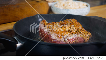 Beef Meat Steak Cooking on Grill. Hot Pan. 132107235