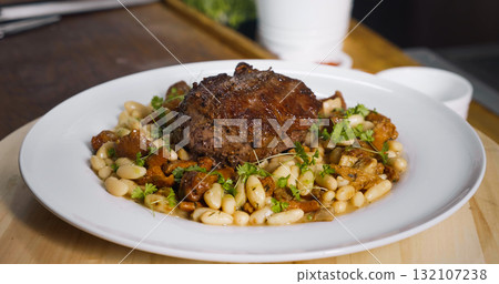 White Plate with delicious Beef Food dish. White Plate with delicious Beef Food dish. 132107238