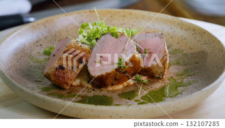 Pork meal Prepared for Serving - Art Food, Gourmet Meal Close Up. 132107285