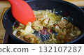 Cooking Tasty Meal Concept. Frying Mushroom Boletus and Onion in a Hot Pan 132107287