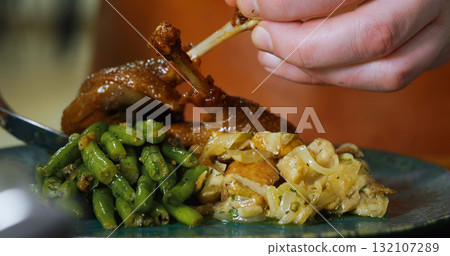 Duck Steak over Green Beans Appetizing Duck Meal 132107289