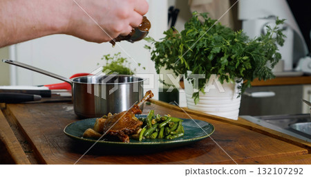 Duck Steak over Green Beans Appetizing Duck Meal Duck Steak over Green Beans Appetizing Duck Meal 132107292