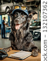 Humorous pet concept featuring dog in mechanic outfit acting as service advisor in car repair setting 132107362