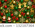 Overhead arrangement of Christmas decor with Santa, angels, star, candy canes, and pinecones creating joyful seasonal atmosphere 132107364