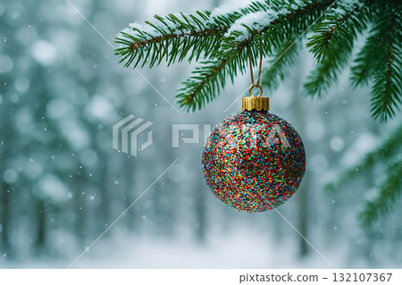 Close-up of glittery Christmas bauble hanging from snow-covered pine branch with falling snowflakes and blurred winter forest background with copy space 132107367