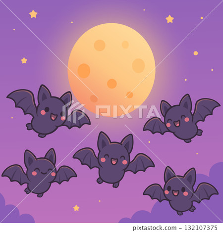 Cute Cartoon Bats Flying at Night with Full Moon, Vector Illustration Cute Cartoon Bats Flying at Night with Full Moon, Vector Illustration 132107375