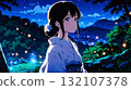 Illustration of a beautiful night view and a beautiful girl in a kimono 132107378