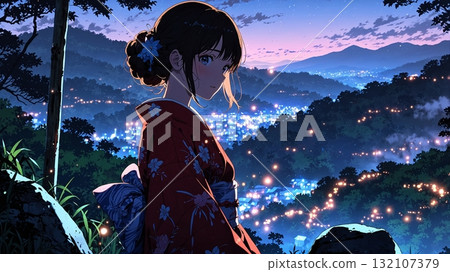 Illustration of a beautiful night view and a beautiful girl in a kimono 132107379