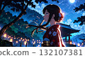 Illustration of a beautiful night view and a beautiful girl in a kimono 132107381