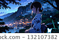 Illustration of a beautiful night view and a beautiful girl in a kimono 132107382