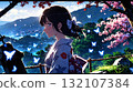 Illustration of a beautiful night view and a beautiful girl in a kimono 132107384