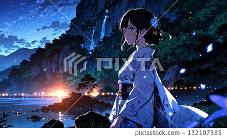 Illustration of a beautiful night view and a beautiful girl in a kimono 132107385