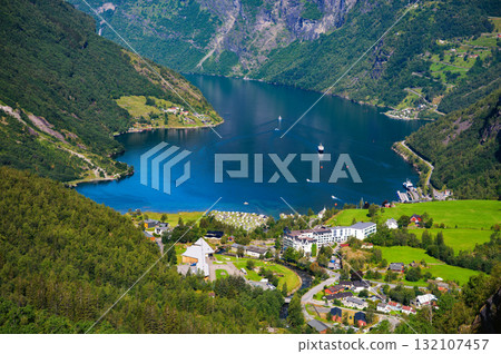 Aerial View of Geiranger and Geirangerfjord, Norway Aerial View of Geiranger and Geirangerfjord, Norway 132107457