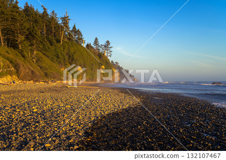Pebble Shoreline and Forested Cliffs at Ruby Beach, Washington State 132107467