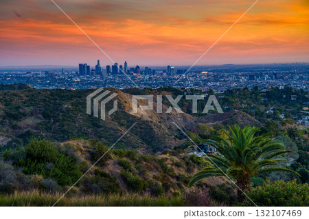 Los Angeles Skyline at Sunset from Mt. Lee Drive, California 132107469