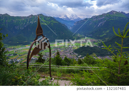 View from Harder Kulm Overlooking Interlaken and Swiss Alps in Switzerland View from Harder Kulm Overlooking Interlaken and Swiss Alps in Switzerland 132107481