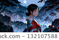 Illustration of a beautiful girl in a kimono at night 132107588