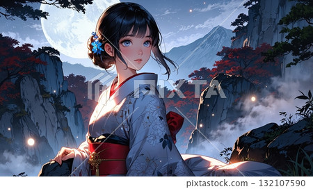Illustration of a beautiful girl in a kimono at night 132107590