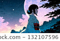 Illustration of a beautiful girl in a kimono at night 132107596