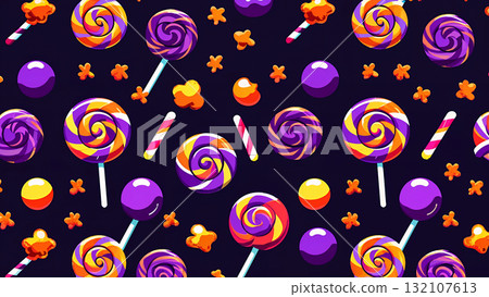 Vivid purple and orange candy and lollipop pattern Vivid purple and orange candy and lollipop pattern 132107613