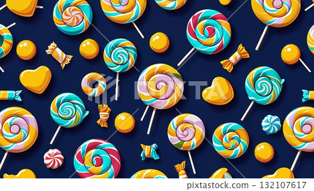 在藍色的奇幻世界中旋轉棒棒糖和糖果 132107617