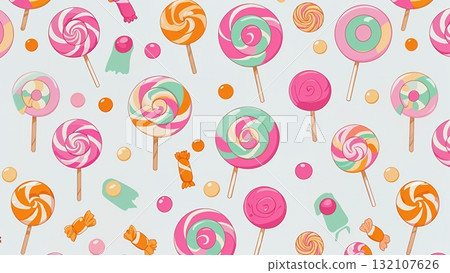 A playful candy pattern with dancing pink and orange lollipops 132107626