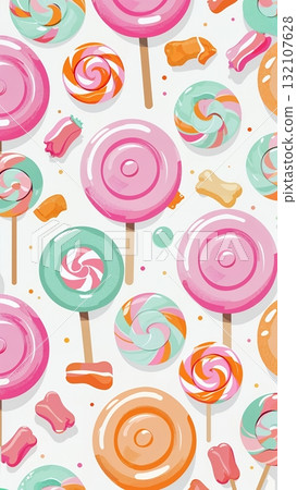 帶有漩渦和一口大小糖果的彩色棒棒糖 132107628