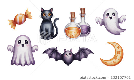 Cute ghost and black cat Halloween illustration set Cute ghost and black cat Halloween illustration set 132107701