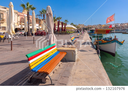 Marsaxlokk promenade and boats, Malta 132107976