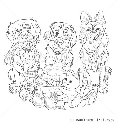 Black and white vector of dogs with vegetables 132107979