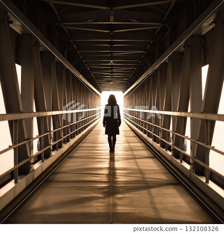Woman on a long bridge or road, loneliness and meditation concept 132108326