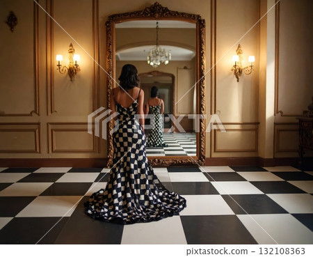 Woman in an evening dress standing on a checkered floor and looking into a mirror with a strange reflexion, conceptual horror scene Woman in an evening dress standing on a checkered floor and looking into a mirror with a strange reflexion, conceptual horror scene 132108363