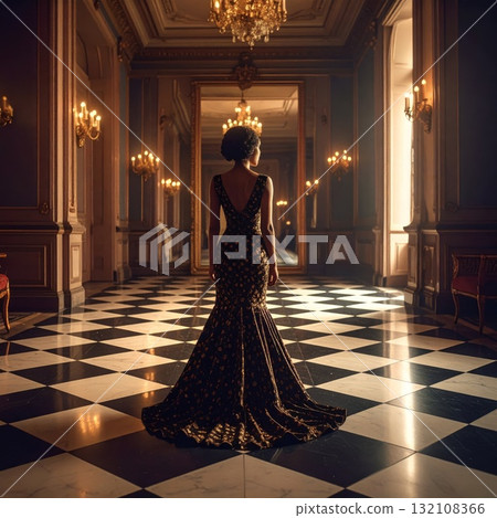 Woman in an evening dress standing on a checkered floor and looking into a mirror with a strange reflexion, conceptual horror scene Woman in an evening dress standing on a checkered floor and looking into a mirror with a strange reflexion, conceptual horror scene 132108366