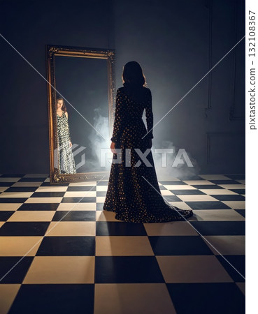 Woman in an evening dress standing on a checkered floor and looking into a mirror with a strange reflexion, conceptual horror scene Woman in an evening dress standing on a checkered floor and looking into a mirror with a strange reflexion, conceptual horror scene 132108367
