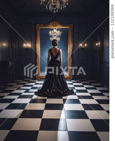 Woman in an evening dress standing on a checkered floor and looking into a mirror with a strange reflexion, conceptual horror scene 132108369