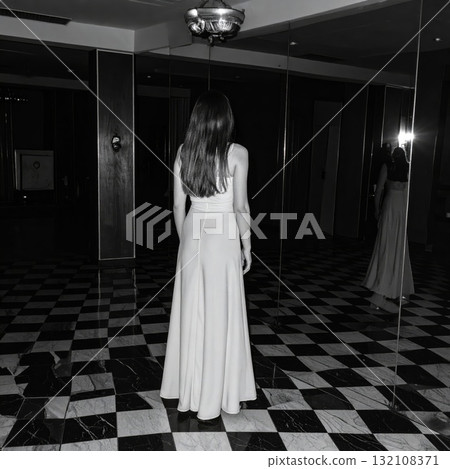 Woman in an evening dress standing on a checkered floor and looking into a mirror with a strange reflexion, conceptual horror scene 132108371