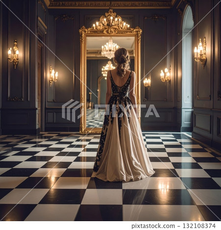 Woman in an evening dress standing on a checkered floor and looking into a mirror with a strange reflexion, conceptual horror scene Woman in an evening dress standing on a checkered floor and looking into a mirror with a strange reflexion, conceptual horror scene 132108374