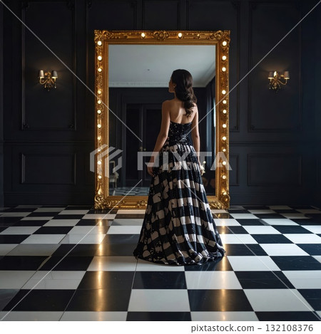 Woman in an evening dress standing on a checkered floor and looking into a mirror with a strange reflexion, conceptual horror scene Woman in an evening dress standing on a checkered floor and looking into a mirror with a strange reflexion, conceptual horror scene 132108376