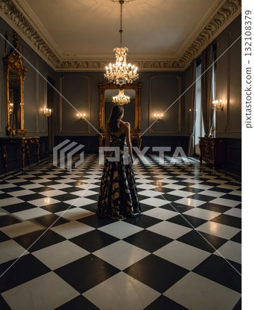 Woman in an evening dress standing on a checkered floor and looking into a mirror with a strange reflexion, conceptual horror scene Woman in an evening dress standing on a checkered floor and looking into a mirror with a strange reflexion, conceptual horror scene 132108379