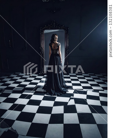 Woman in an evening dress standing on a checkered floor and looking into a mirror with a strange reflexion, conceptual horror scene 132108381