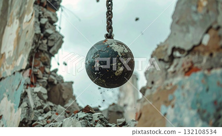 Wrecking Ball at Construction Site,  Building Demolition and Urban Renewal Concept 132108534